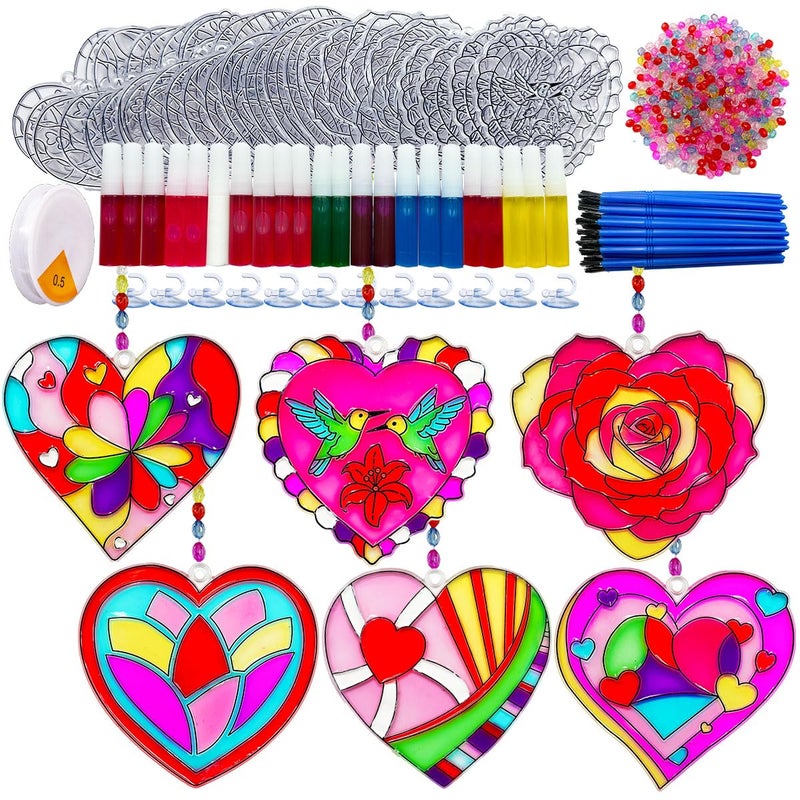 AUEKIV Valentines Suncatcher Crafts Kit 30 Sets Heart Suncatchers Window Art Paint Sun Catcher DIY Craft Kits Rose for Valentine's Day Classroom Activities Party Gift Exchange - Image 1