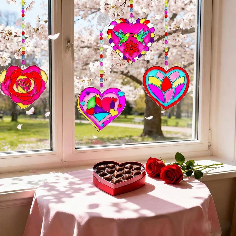 AUEKIV Valentines Suncatcher Crafts Kit 30 Sets Heart Suncatchers Window Art Paint Sun Catcher DIY Craft Kits Rose for Valentine's Day Classroom Activities Party Gift Exchange - Image 4