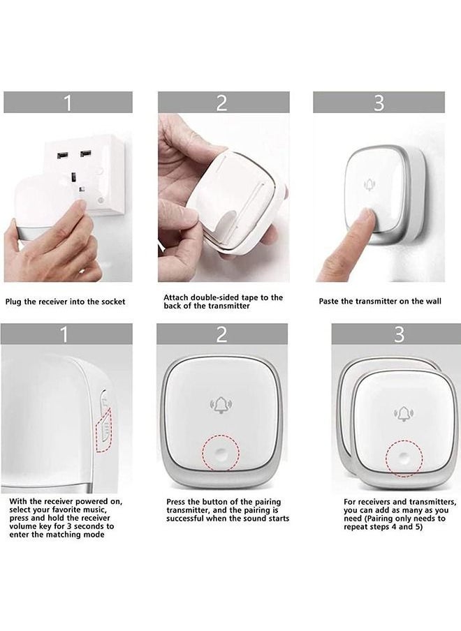 Arabest - Wireless Doorbell,Push Button Self-powered Transmitter Waterproof Flashing Door Bell, 38 Chimes 5 Volume Levels (Silver) - Image 1