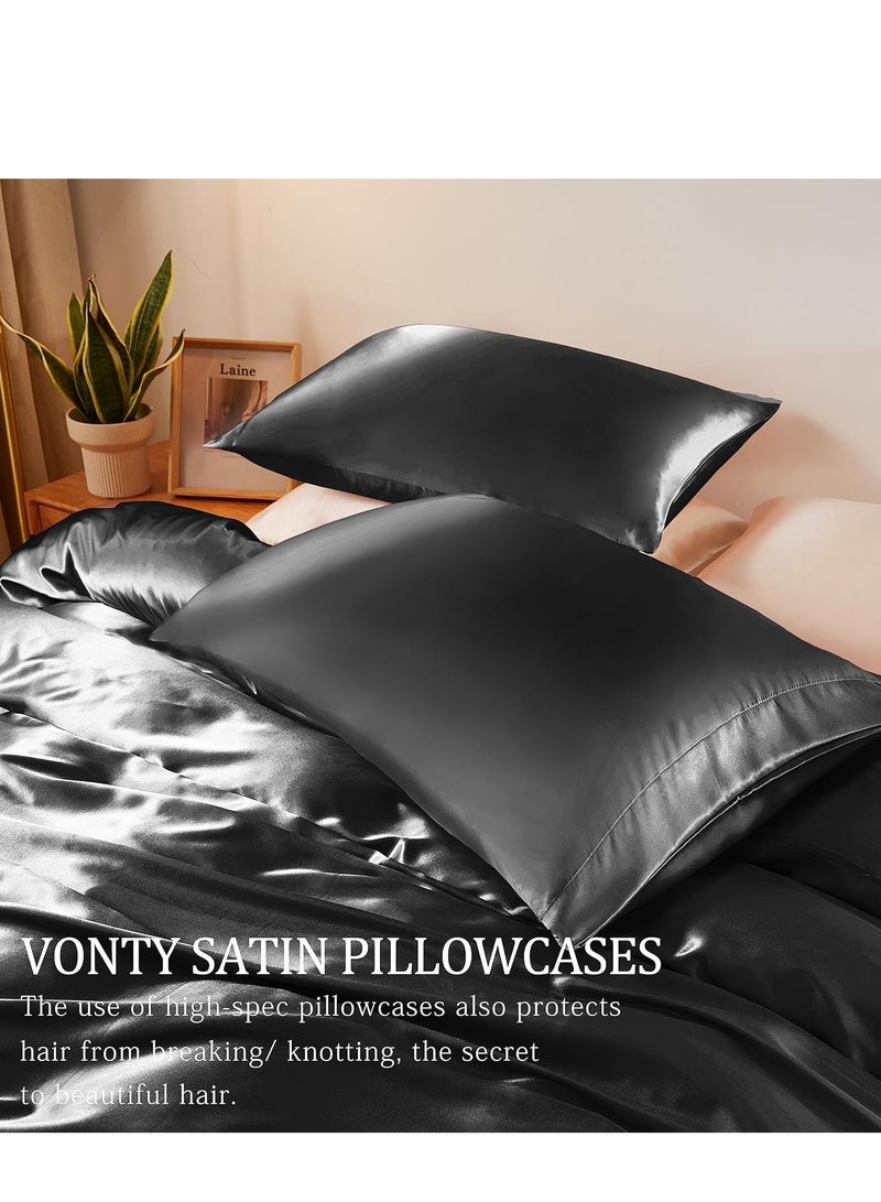 Bedding Duvet Cover Sets, 3 Pieces Satin Bedding Set, Queen Size Silky Duvet Covers Collection, 1x Cooling Duvet Cover 90x90 Inches and 2 Pillowcases, Comforter Not Included （Black）  - Image 5