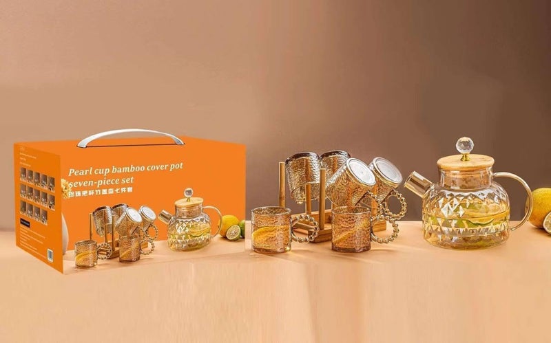 7-Piece Amber Hammered Glass Tea Set with Bamboo Lid and Wooden Stand - Image 3