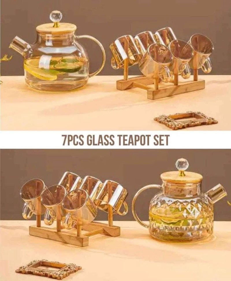 7-Piece Amber Hammered Glass Tea Set with Bamboo Lid and Wooden Stand - Image 5