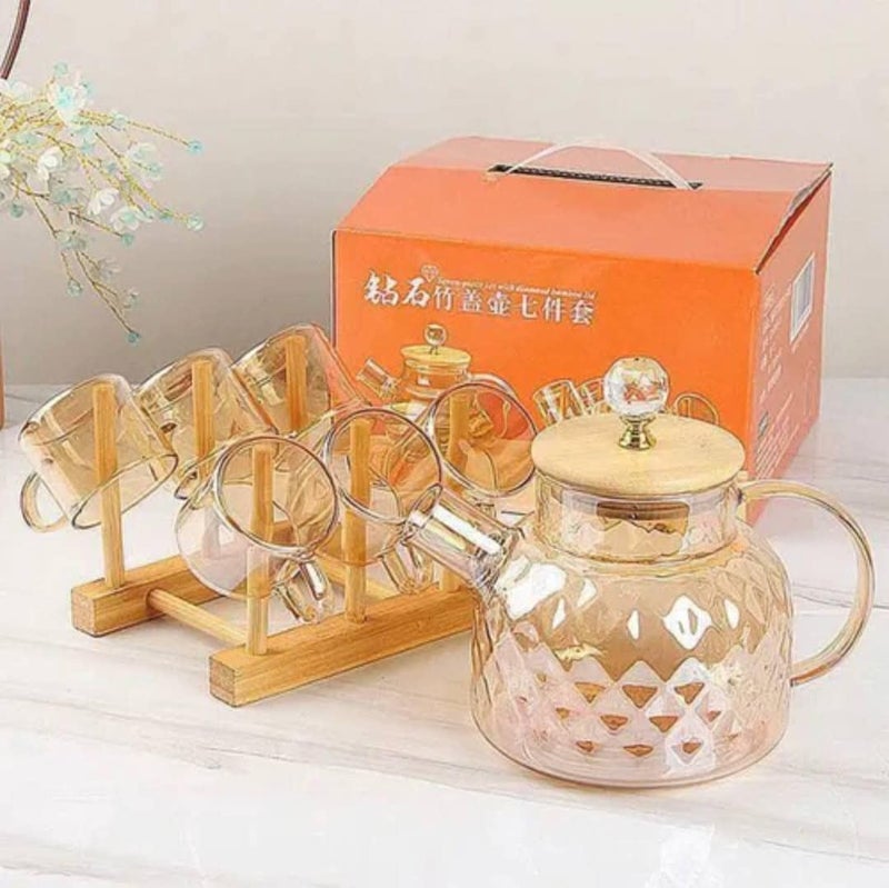 7-Piece Amber Hammered Glass Tea Set with Bamboo Lid and Wooden Stand - Image 4