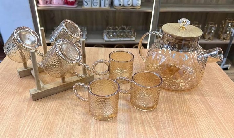 7-Piece Amber Hammered Glass Tea Set with Bamboo Lid and Wooden Stand - Image 2