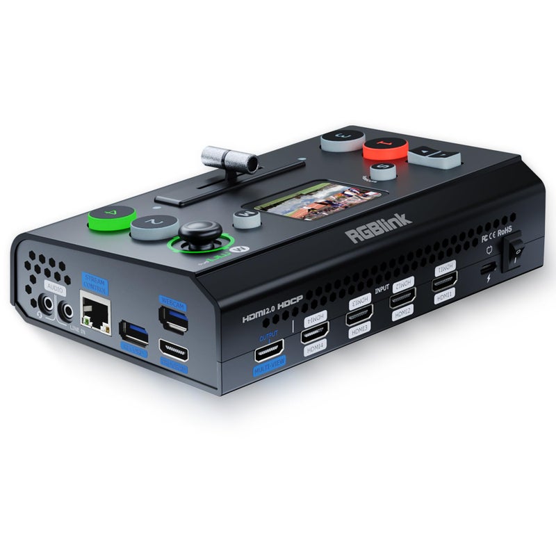 RGBlink Minipro Multi Camera Video Mixer Switcher with OnBoard Monitor 4K HDMI Live Streaming Switcher Chroma Key Logo Overlay USB30 Output for Church Webinars Weddings Social Events