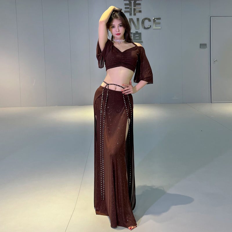 Generic Dancers Original Niche Design Mocha Belly Dance Clothing Summer Mesh Training Clothing suit Class Clothing 5031 [Caramel Brown/Mocha 2-piece Set] Top Skirt (Skirt with Safety Pants)