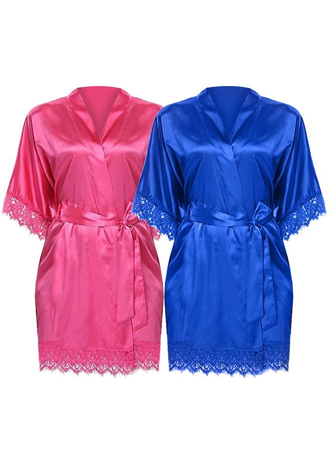 MARGOUN 2 Pack Small Size Women Satin Robe Belted Silky Robe Sleepwear Bridal Robe Kimono Lace Sleeve Nightgown /S(bust:76-80/waist:60-64) - Image 3