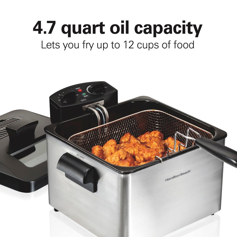 Hamilton Beach Electric Deep Fryer with 3 Baskets and Lid, 4.5 Liters / 19 Cups Oil Capacity, Temperature Control, View Window, Professional Style, 1800 Watts, Stainless Steel (35034) - Image 2
