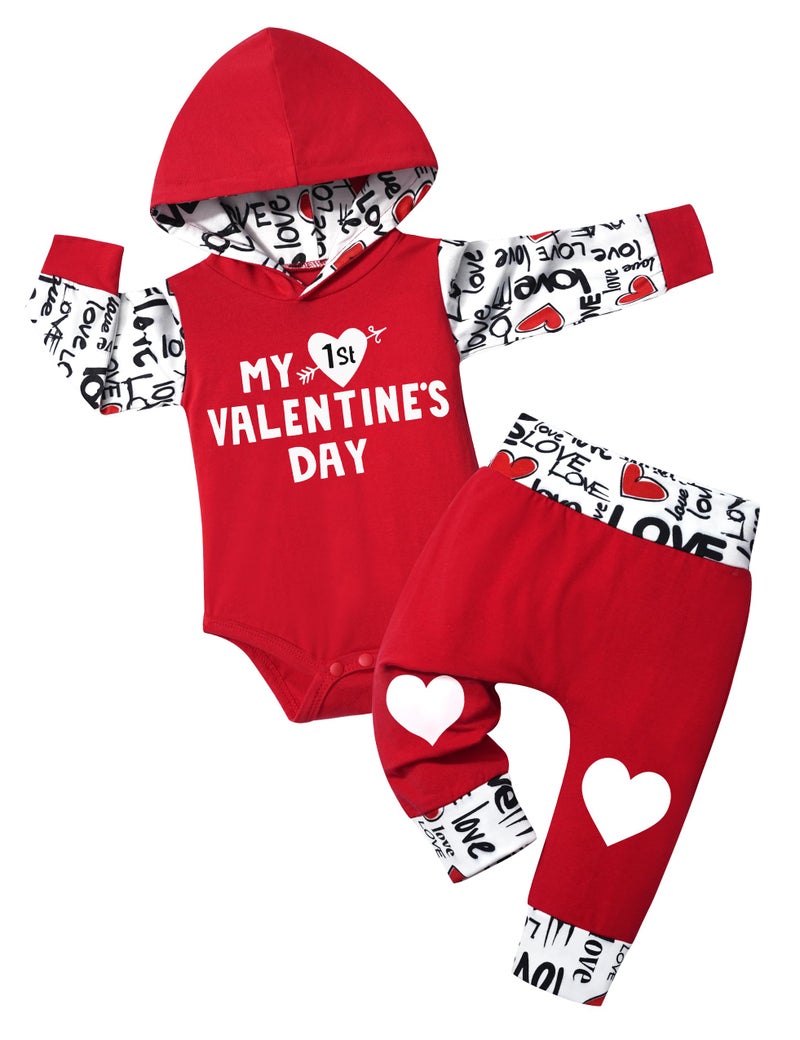 Fommy Baby Boy Valentines Day Outfit 0-3 Months My First Valentines Day Baby Boy Outfit Red Hoodie Love Pants Baby Valentines Day Gift - Image 1
