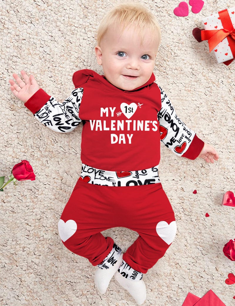 Fommy Baby Boy Valentines Day Outfit 0-3 Months My First Valentines Day Baby Boy Outfit Red Hoodie Love Pants Baby Valentines Day Gift - Image 2