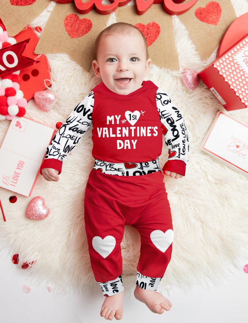 Fommy Baby Boy Valentines Day Outfit 0-3 Months My First Valentines Day Baby Boy Outfit Red Hoodie Love Pants Baby Valentines Day Gift - Image 3