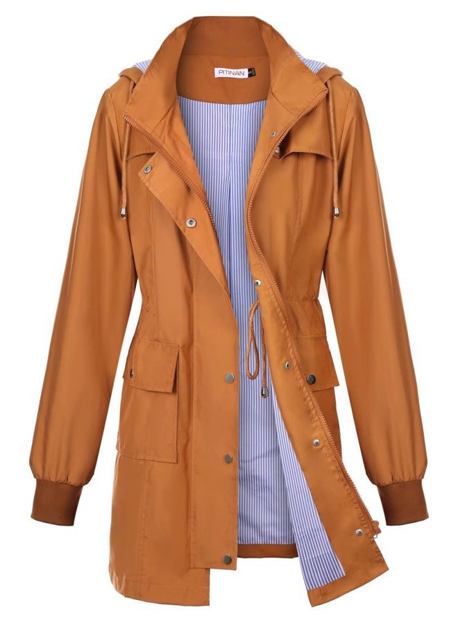 PITINAN Womens Raincoat Waterproof With Hood Lightweight Rain Jacket Women Windbreaker Rain Coats with Hood for Teen Girls Caramel S - Image 1