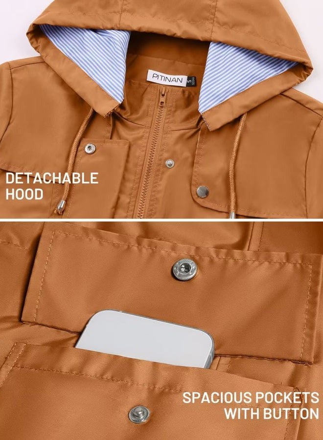 PITINAN Womens Raincoat Waterproof With Hood Lightweight Rain Jacket Women Windbreaker Rain Coats with Hood for Teen Girls Caramel S - Image 4