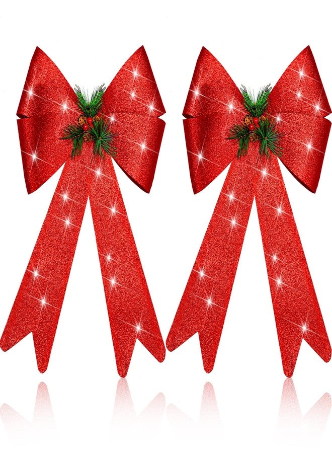 جيجكسين قطعتان من فيونكات إكليل عيد الميلاد مع زينة مخروط الصنوبر - فيونكة كبيرة لامعة من الخيش الأحمر لتزيين قمة شجرة عيد الميلاد، وديكور جدار الباب الشتوي، وديكور داخلي وخارجي، 18 × 10 بوصة - Image 1
