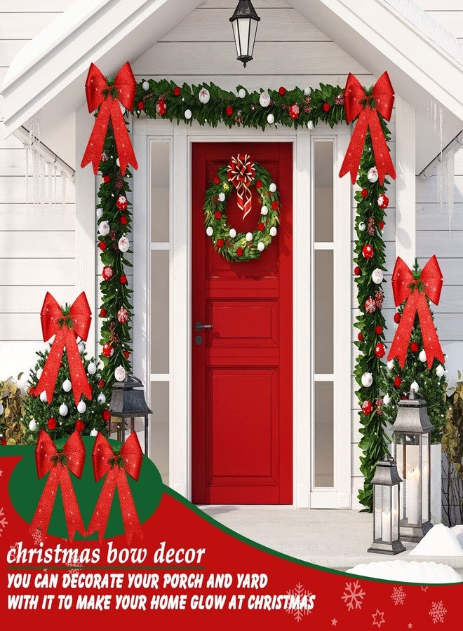 جيجكسين قطعتان من فيونكات إكليل عيد الميلاد مع زينة مخروط الصنوبر - فيونكة كبيرة لامعة من الخيش الأحمر لتزيين قمة شجرة عيد الميلاد، وديكور جدار الباب الشتوي، وديكور داخلي وخارجي، 18 × 10 بوصة - Image 3