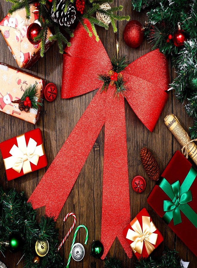 جيجكسين قطعتان من فيونكات إكليل عيد الميلاد مع زينة مخروط الصنوبر - فيونكة كبيرة لامعة من الخيش الأحمر لتزيين قمة شجرة عيد الميلاد، وديكور جدار الباب الشتوي، وديكور داخلي وخارجي، 18 × 10 بوصة - Image 5