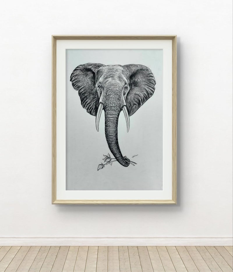 Generic Vama Paintings Elephant of Elegance Graphite Pencil Sketch Original Handmade Pencil Sketch on Handmade Sheet Framed Sketch for Home Decor 21 cm 297 cm  - Image 1