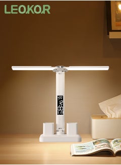 LEOKOR Double Head LED Desk Lamp Foldable Table Lamp with USB Charging Port 3 Color Modes Lamps with Smart Display and Pen Holder  - Image 1