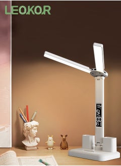 LEOKOR Double Head LED Desk Lamp Foldable Table Lamp with USB Charging Port 3 Color Modes Lamps with Smart Display and Pen Holder  - Image 2