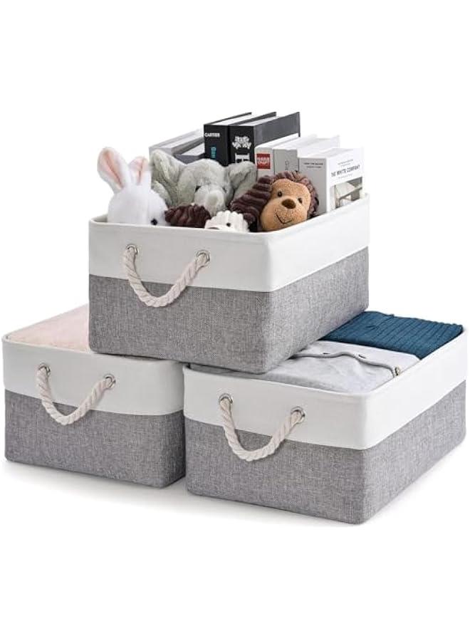 HOOKOR Storage Bins, 3 Pcs Fabric Storage Basket, Linen Closet Organizers with Handles Cubes, Rectangular Fabric Storage Bins Collapsible, Perfect for Shelves, Closets, Home, Office (Grey) - Image 1