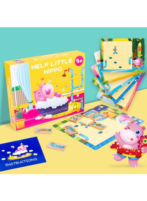 Multifunctional Training Thinking Logic Children's Interactive Toys Wooden Hippo Bathing Puzzle Pony Crossing The River Table Game-Color:Pony Across The River