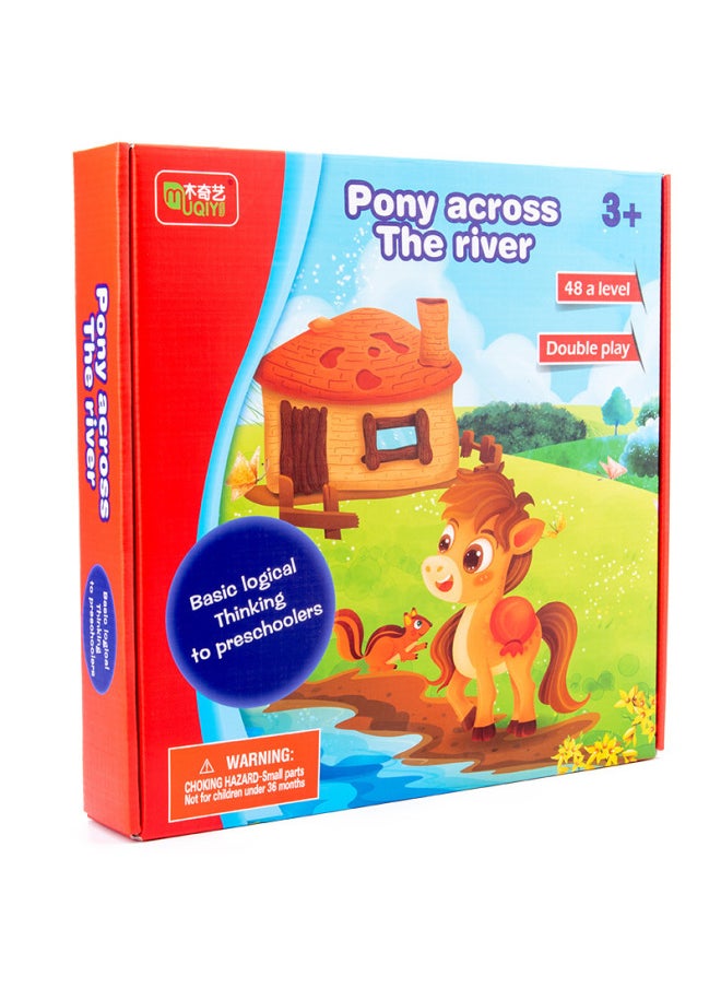 Multifunctional Training Thinking Logic Children's Interactive Toys Wooden Hippo Bathing Puzzle Pony Crossing The River Table Game-Color:Pony Across The River