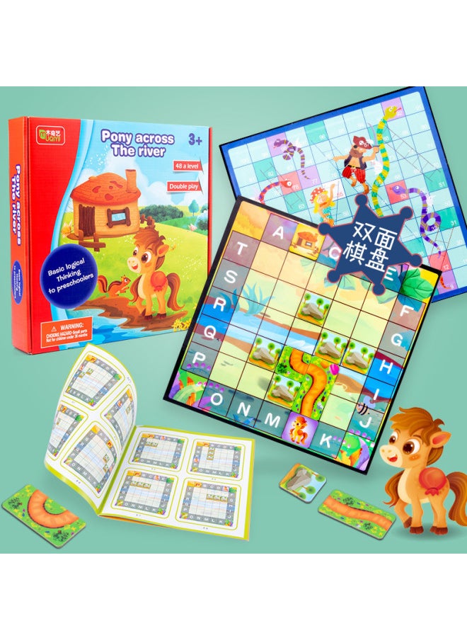 Multifunctional Training Thinking Logic Children's Interactive Toys Wooden Hippo Bathing Puzzle Pony Crossing The River Table Game-Color:Pony Across The River