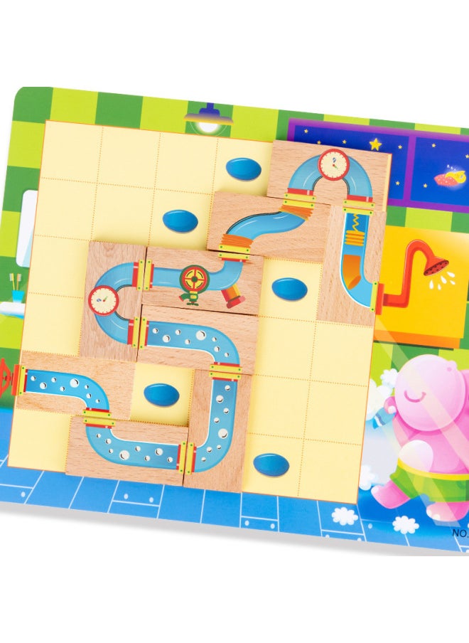 Multifunctional Training Thinking Logic Children's Interactive Toys Wooden Hippo Bathing Puzzle Pony Crossing The River Table Game-Color:Pony Across The River