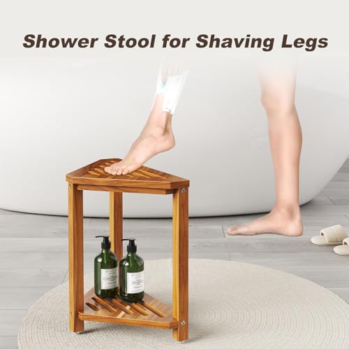 Kzeirm Corner Shower Stool for Inside Shower 14 Shower Foot Rest Stool for Shaving Legs Acacia Wood Corner Shower Shaving Step Stools Waterproof Leg Shaver Foot Rest Bench Seat - Image 3