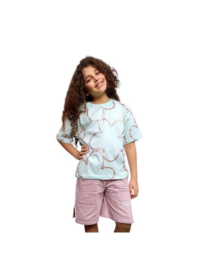 Buongiorno Girls Cotton T-shirt & Shorts Set Light Blue & Pink - Kids Summer Outfit, Comfortable Casual Wear