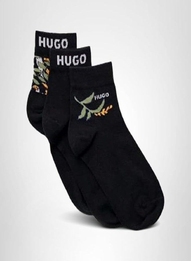 HUGO womens Three Pack Cotton Mix Ankle Casual Sock, Black/Floral/Black Logo, 3 9 US - Image 2