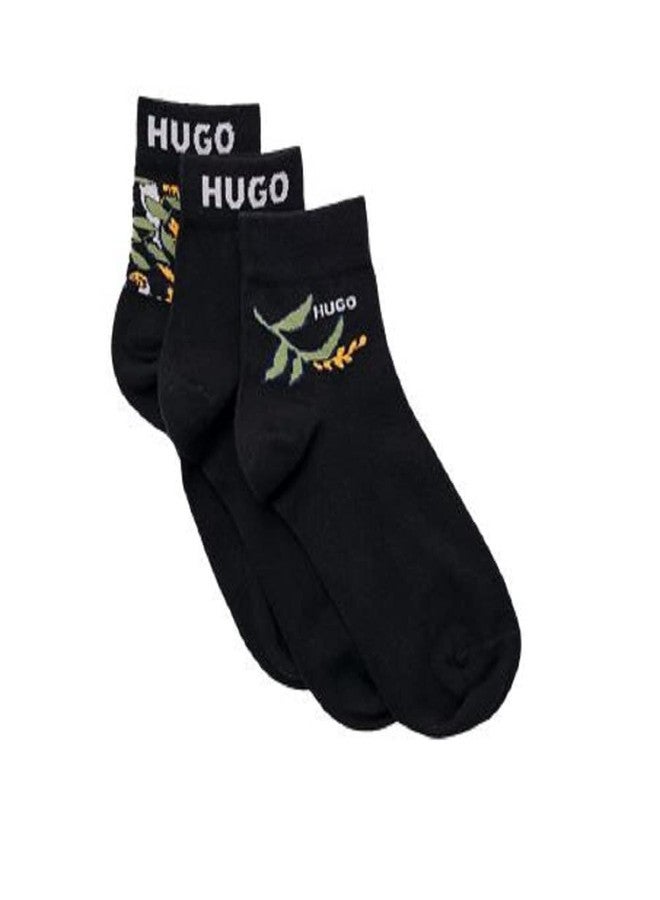 HUGO womens Three Pack Cotton Mix Ankle Casual Sock, Black/Floral/Black Logo, 3 9 US - Image 1