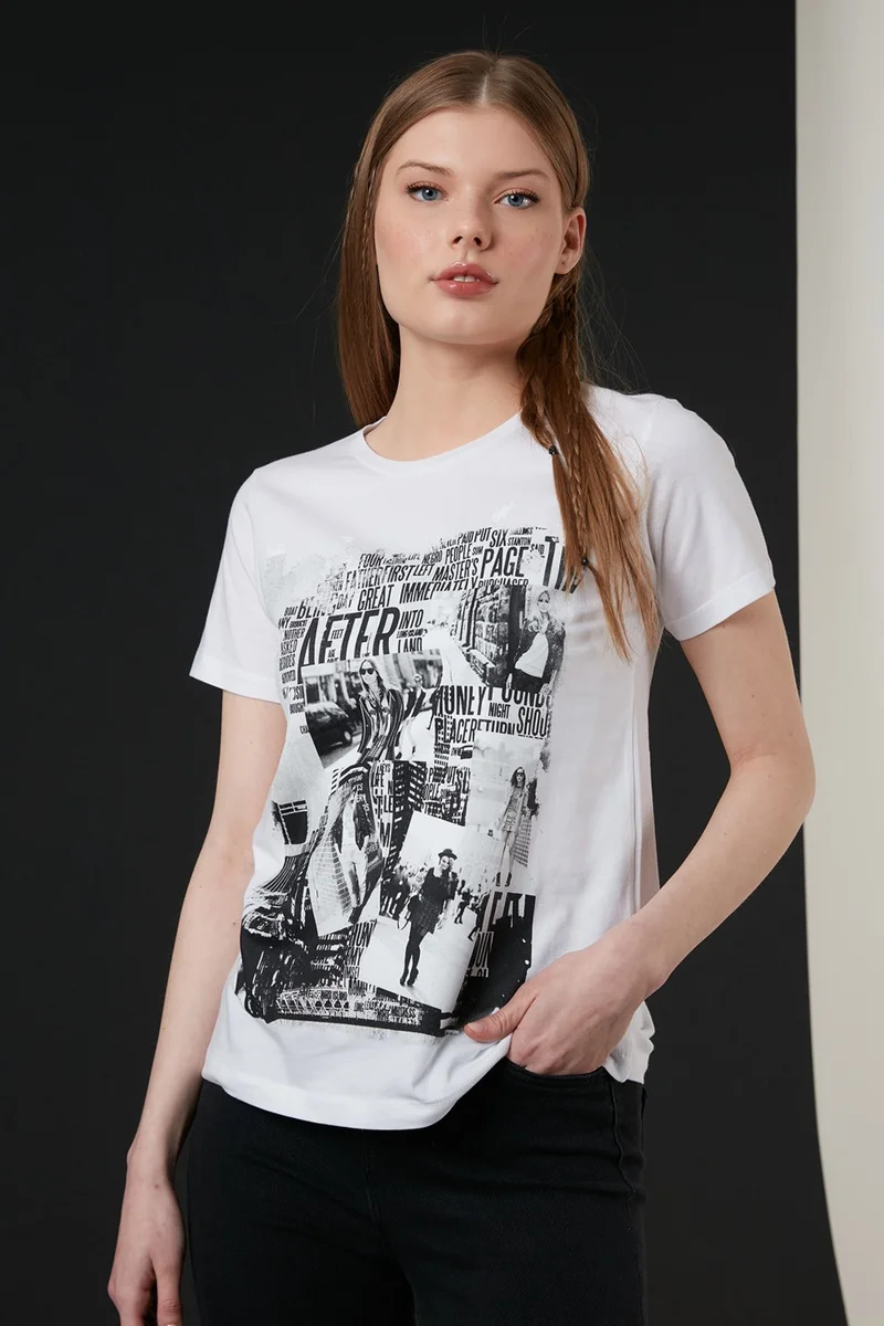 ليلا Cotton Printed Crew Neck T Shirt Women's T Shirt 6001004