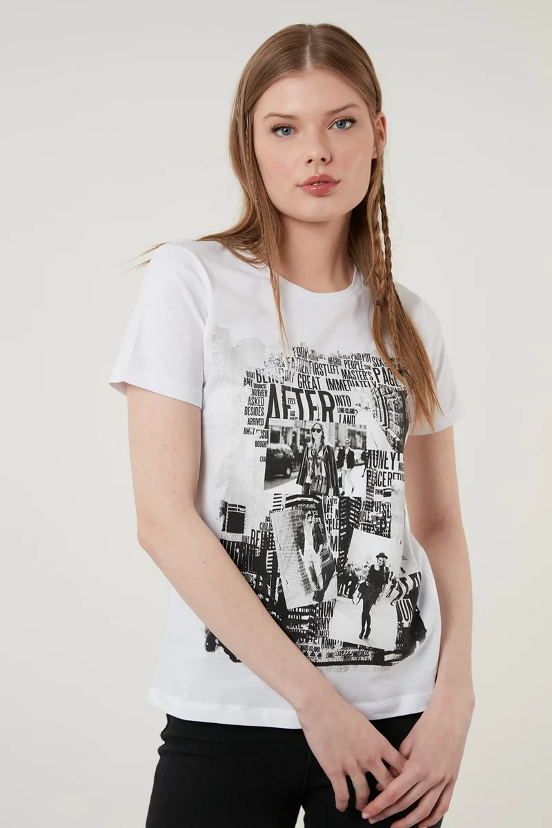 ليلا Cotton Printed Crew Neck T Shirt Women's T Shirt 6001004