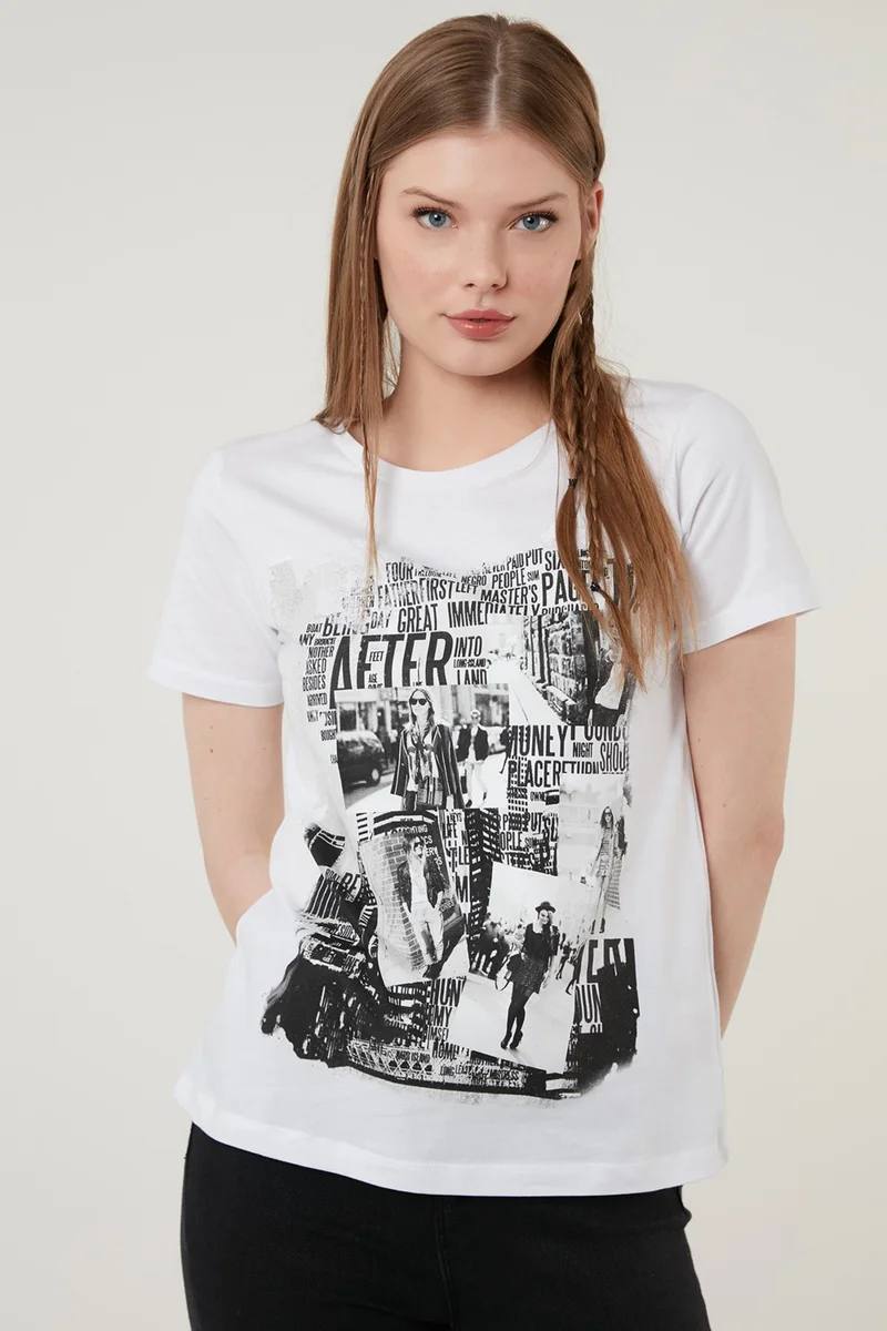 ليلا Cotton Printed Crew Neck T Shirt Women's T Shirt 6001004