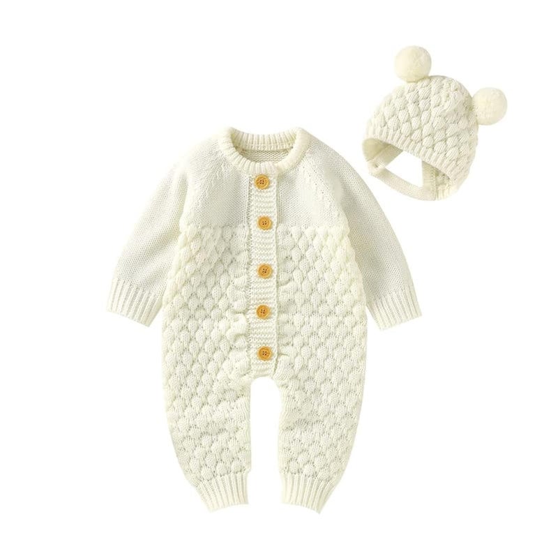 LAWKUL Baby Romper Knit Newborn Infant Outfit Long Sleeve Sweater Clothes With Warm Hat Set Jumpsuit Toddler Boy Girls 03M White