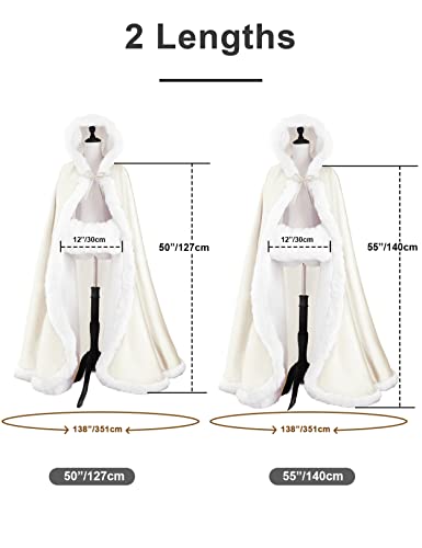 BEAUTELICATE Wedding Cape Hooded Cloak for Bride Winter Reversible with Fur Trim Free Hand Muff Length 55" Ivory - Image 3