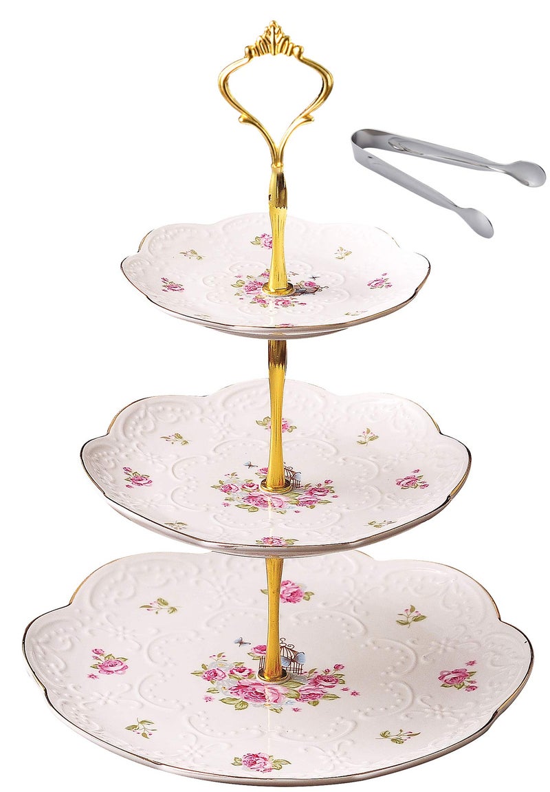 Jusalpha® Elegant Embossed 3-tier Ceramic Cake Stand- Cupcake Stand- Tea Party Pastry Serving Platter in Gift Box and a Free Sugar Tong (FL-Stand 03) - Image 1