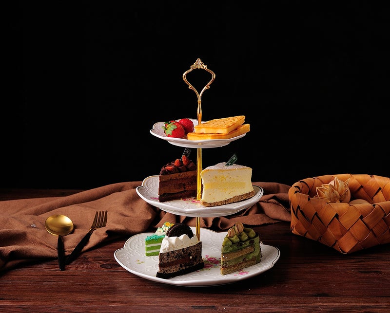 Jusalpha® Elegant Embossed 3-tier Ceramic Cake Stand- Cupcake Stand- Tea Party Pastry Serving Platter in Gift Box and a Free Sugar Tong (FL-Stand 03) - Image 4