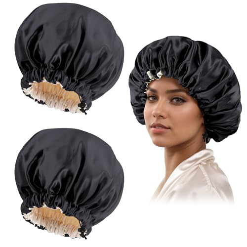 Edoneery Satin Silk Bonnet for Curly Hair Bonnet Braid Bonnet for Sleeping Bonnets for Women Large DoubleLayer Adjustable2Pcs Black - Image 1