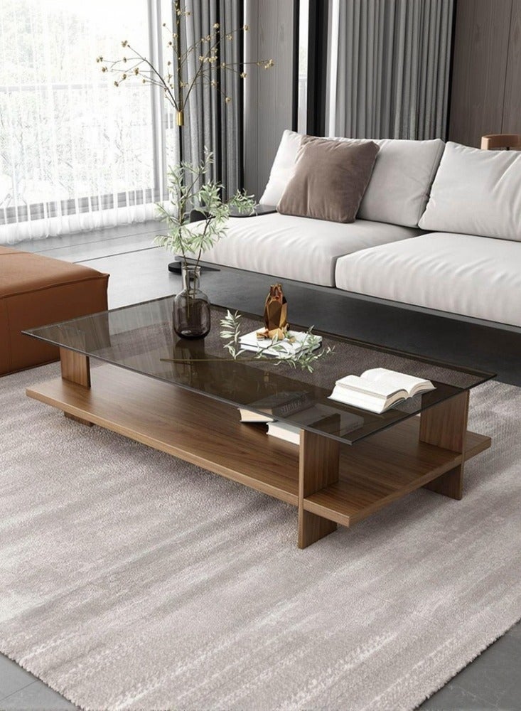 WALALLA Modern Rectangle Coffee Table with Tempered Glass Top and Wood Base, 2-Tier Tea Table with Storage Shelf,Modern Accent Center Table for Living Room 100x50x40cm - Image 1