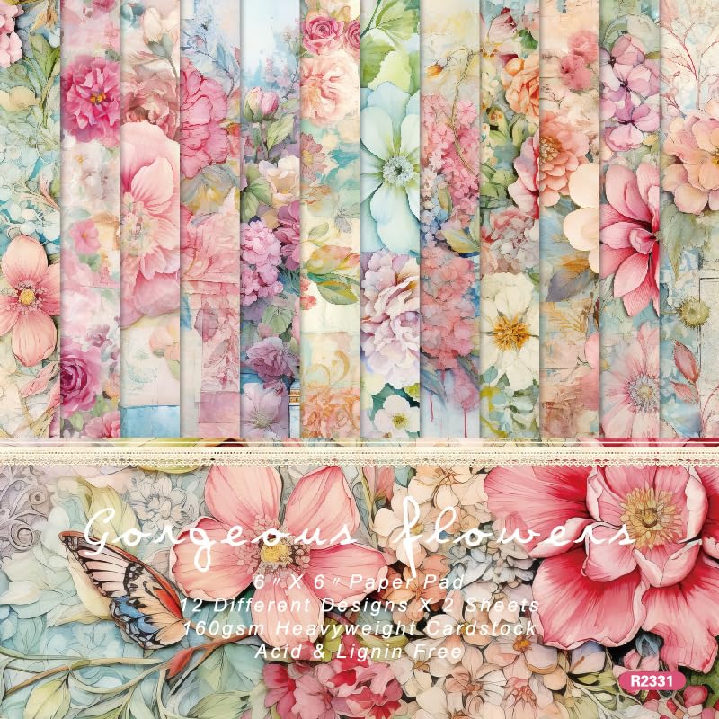 WLXTREE 24 Sheets Floral Scrapbook Paper Pads 6X6 Single-Sided Flowers Pattern Decorative Craft Pack DIY Decopodge Paper for Card Making Art Journal Scrapbooking Supplies - Image 1