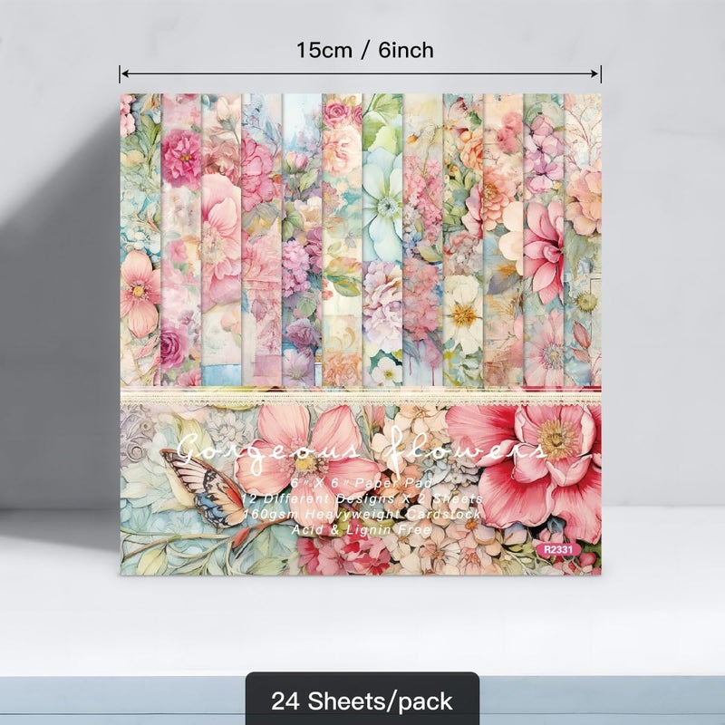 WLXTREE 24 Sheets Floral Scrapbook Paper Pads 6X6 Single-Sided Flowers Pattern Decorative Craft Pack DIY Decopodge Paper for Card Making Art Journal Scrapbooking Supplies - Image 2
