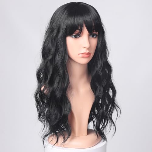 SYMEIW Black Wavy Wigs with Bangs for Women Glueless Black wigs Synthetic Long Black Wigs Natural Looking Heat Resistant for Daily Party Use - Image 3