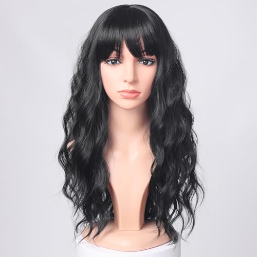 SYMEIW Black Wavy Wigs with Bangs for Women Glueless Black wigs Synthetic Long Black Wigs Natural Looking Heat Resistant for Daily Party Use - Image 1