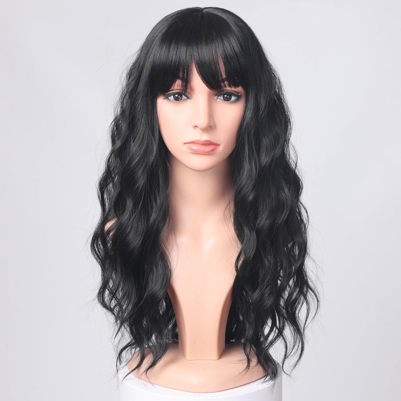 SYMEIW Black Wavy Wigs with Bangs for Women Glueless Black wigs Synthetic Long Black Wigs Natural Looking Heat Resistant for Daily Party Use - Image 2