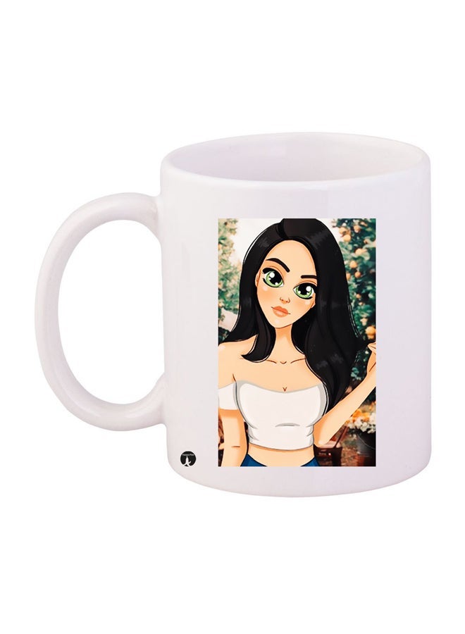 RYN Beautiful Girl Design Ceramic Coffee Mug White/Green/Beige 11ounce