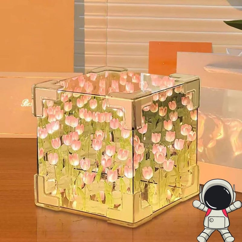 Desidiya ® DIY Infinity Mirror Tulip Cube LED Lamp - 20 LED Flower Lights, Dual-Purpose Tabletop & Mirror Decor | Gifts for Woman | Valentine Gift - Image 1