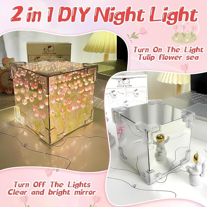 Desidiya ® DIY Infinity Mirror Tulip Cube LED Lamp - 20 LED Flower Lights, Dual-Purpose Tabletop & Mirror Decor | Gifts for Woman | Valentine Gift - Image 3
