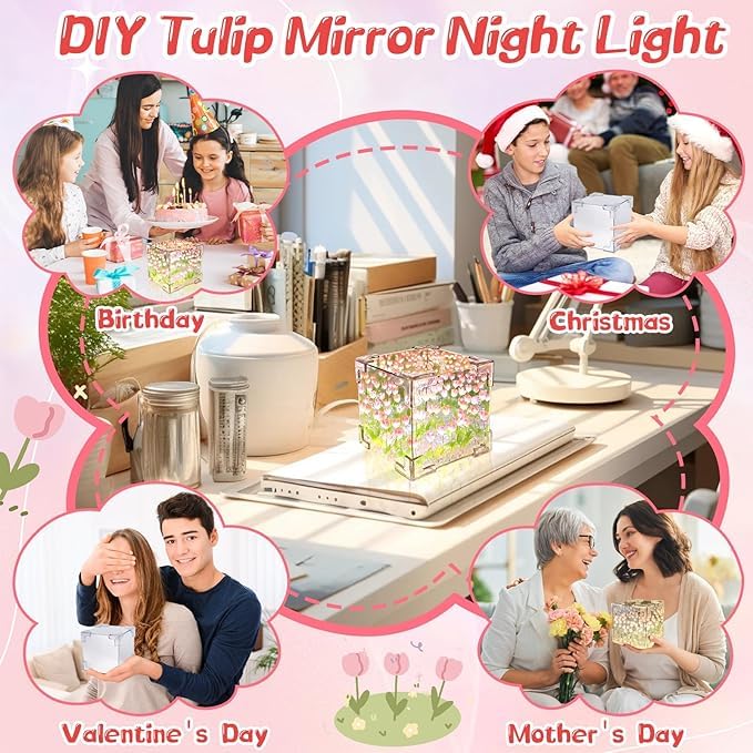 Desidiya ® DIY Infinity Mirror Tulip Cube LED Lamp - 20 LED Flower Lights, Dual-Purpose Tabletop & Mirror Decor | Gifts for Woman | Valentine Gift - Image 4